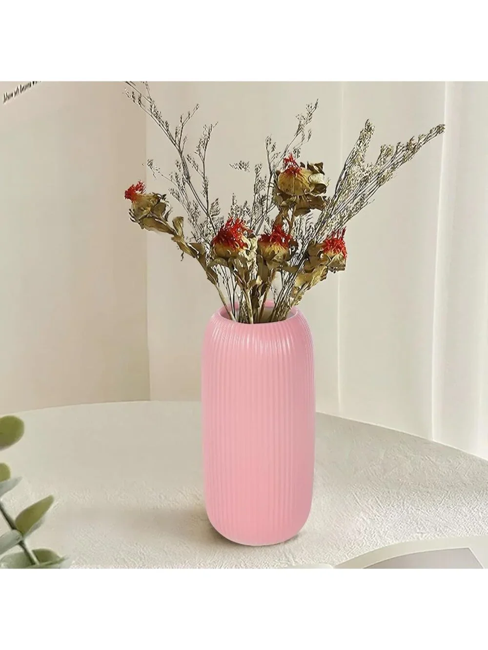 Modern Small Pink Ceramic Vase Flowers Ribbed Textured Farmhouse Home Livings